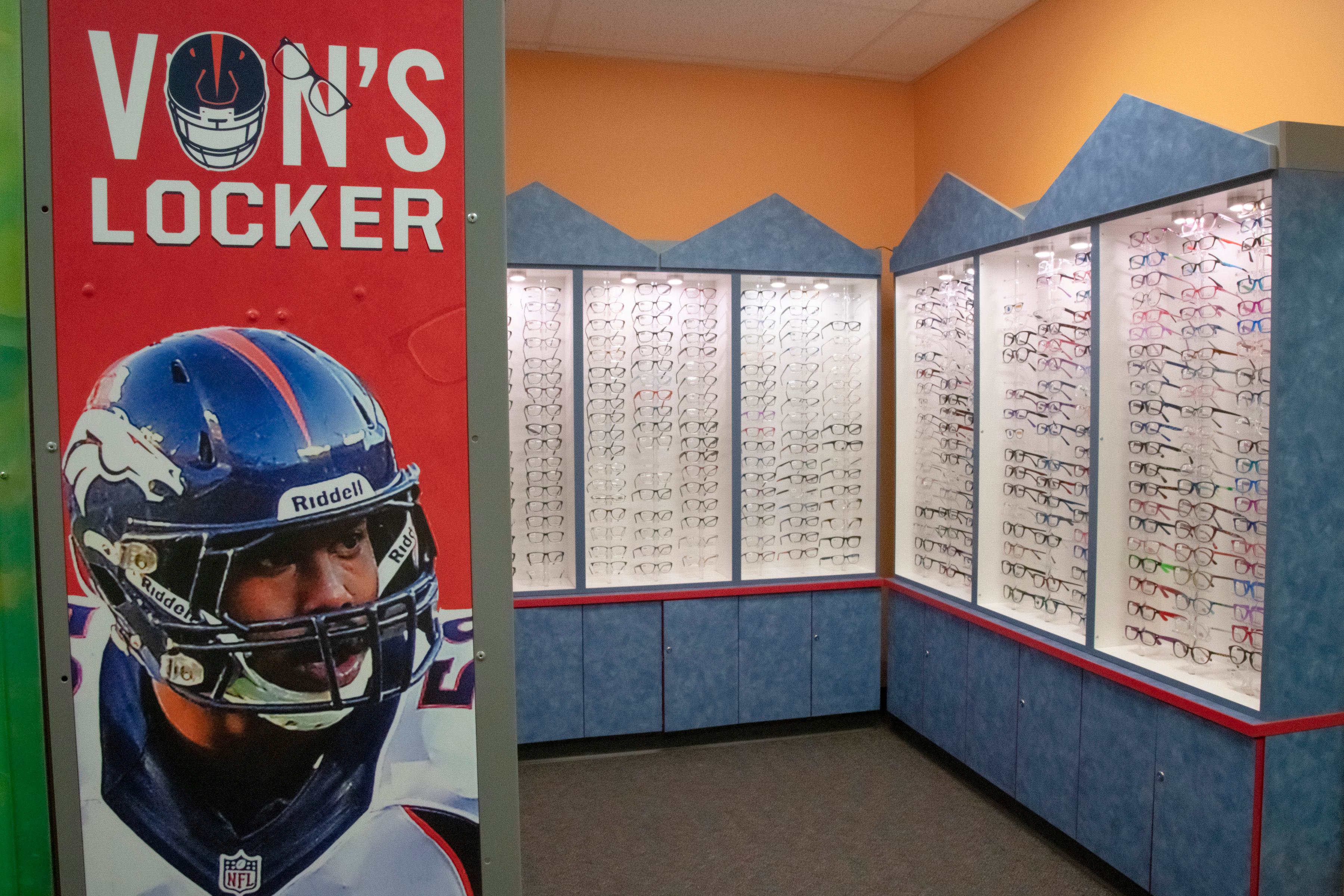image of Von Miller that says Von's Locker and two walls of glass frames