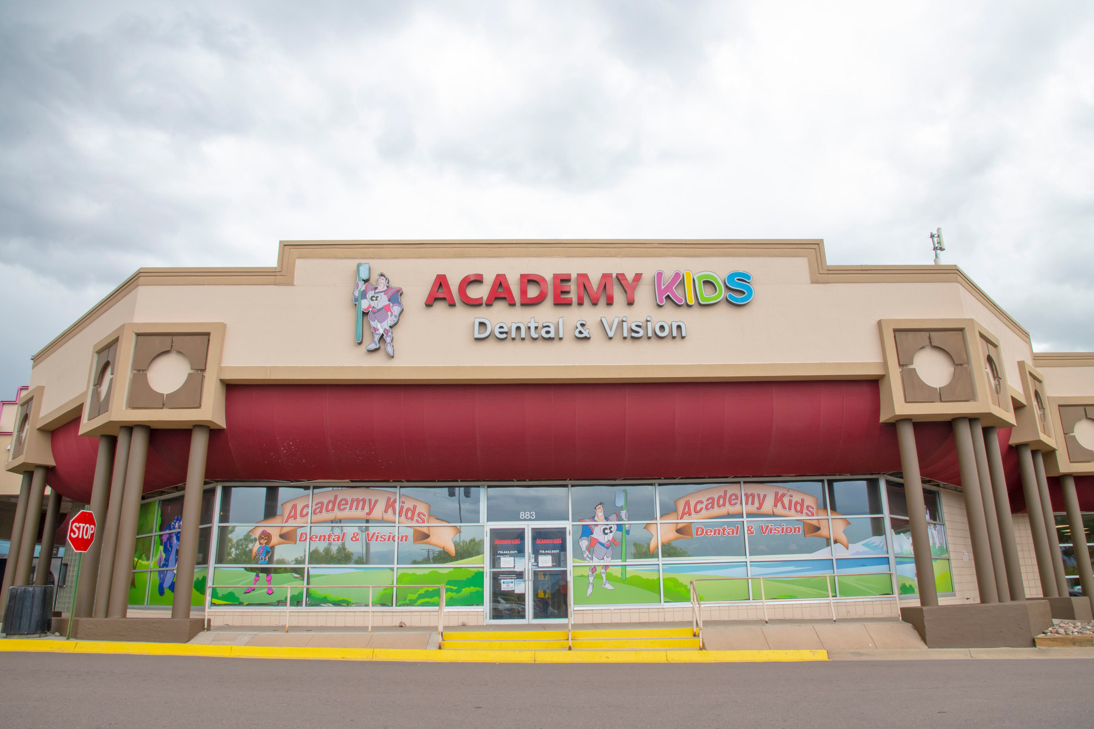 outside a pediatric dental office in Colorado Springs with colorful windows
