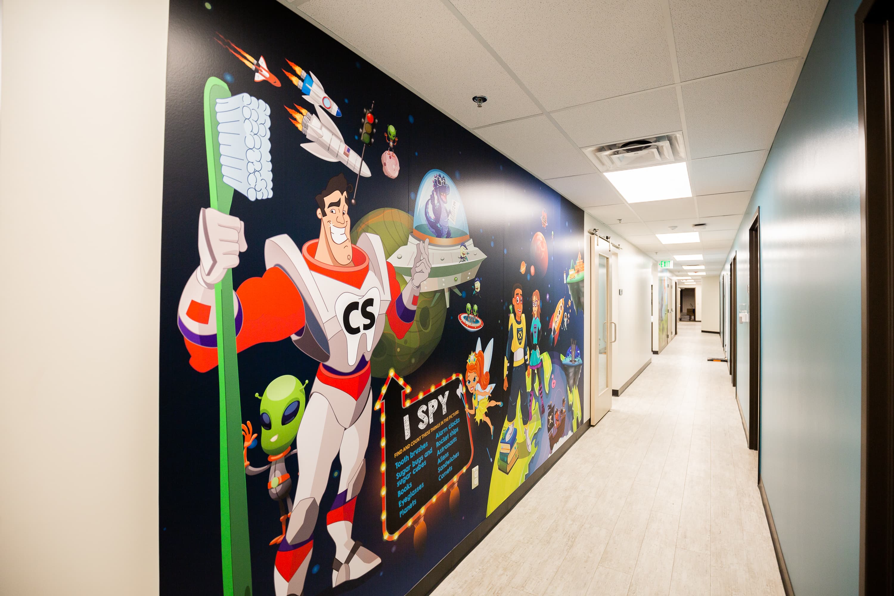 hallway with large graphic with cartoon characters