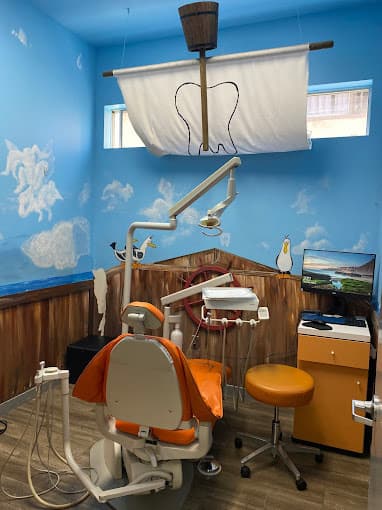 Orthodontics and dental exam room with one dental chair designed as the bow of a ship with a sail on the ceiling and clouds and seagulls painted on the walls