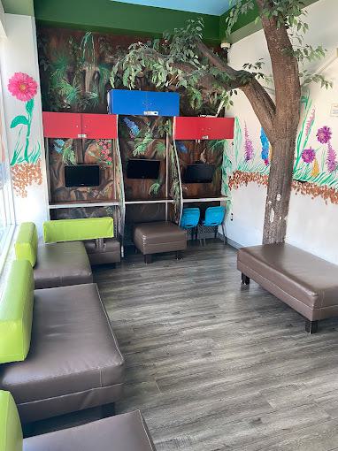 Dental waiting room with bench seating in a colorful design forest mural on two walls